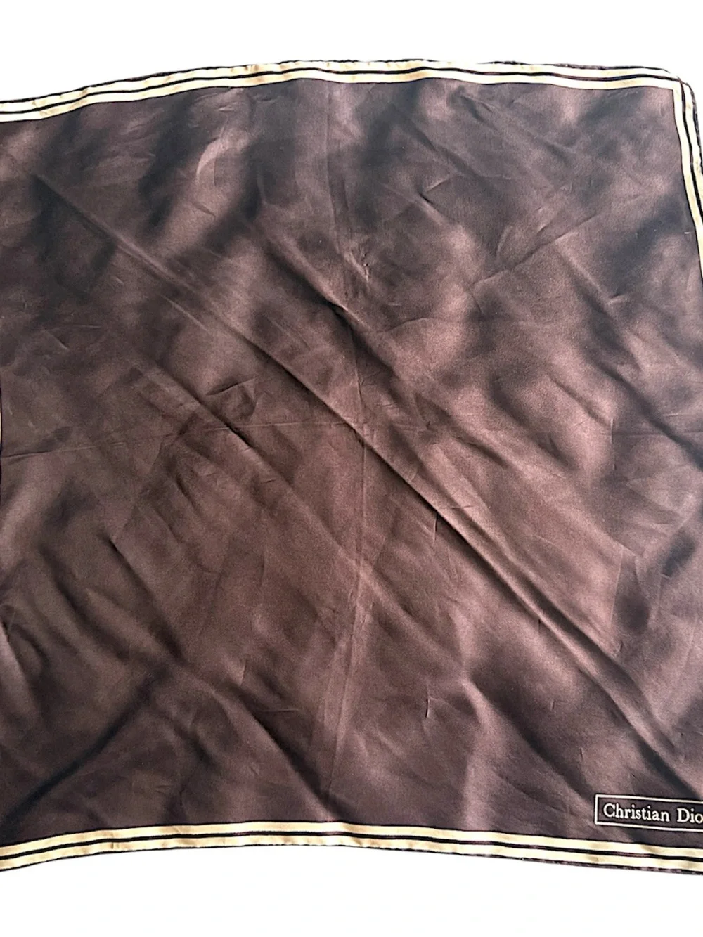 Christian Dior Brown Silk Scarf/Handkerchief Cream Striped Trim -